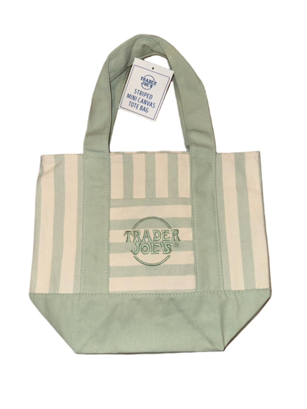 NWT Trader Joe's Striped Mini Canvas Tote Bag Reusable Green 13x6x10